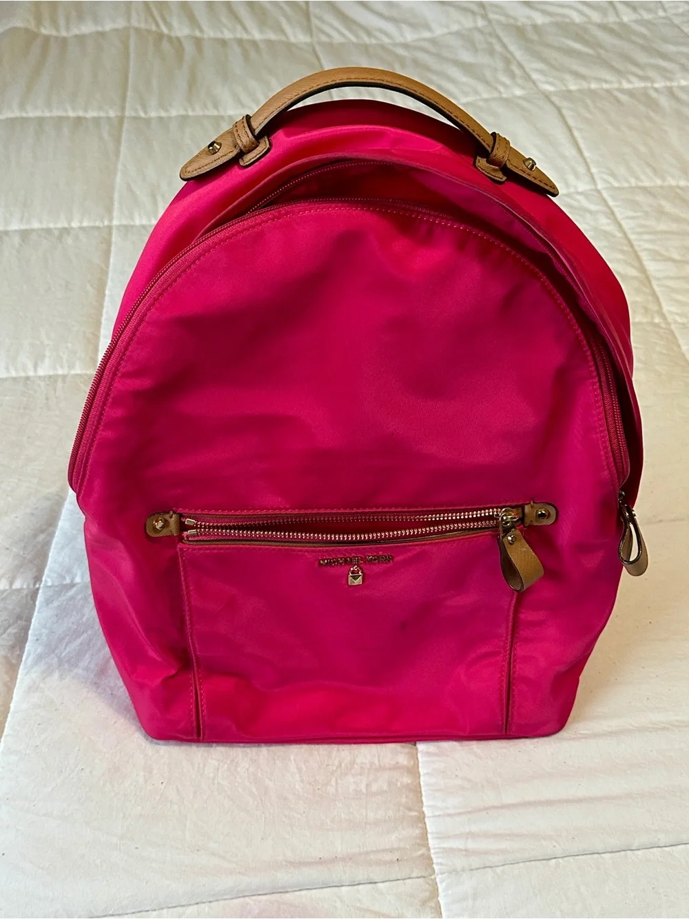 Michael Kors Hot Pink Nylon Backpack with Tan Leather Trim